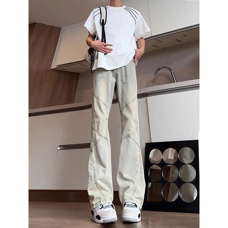 

Fall Winter plus Size 300 Pou Yellow Mud Color Knife Straight Leg Men's Jeans Cleanfit Design American Sle Patchwork