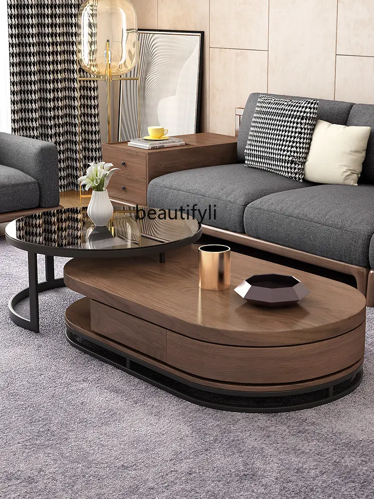 yj Nordic Light Luxury Coffee Table Simple Tea Table Living Room Oval Tempered Glass Coffee Table