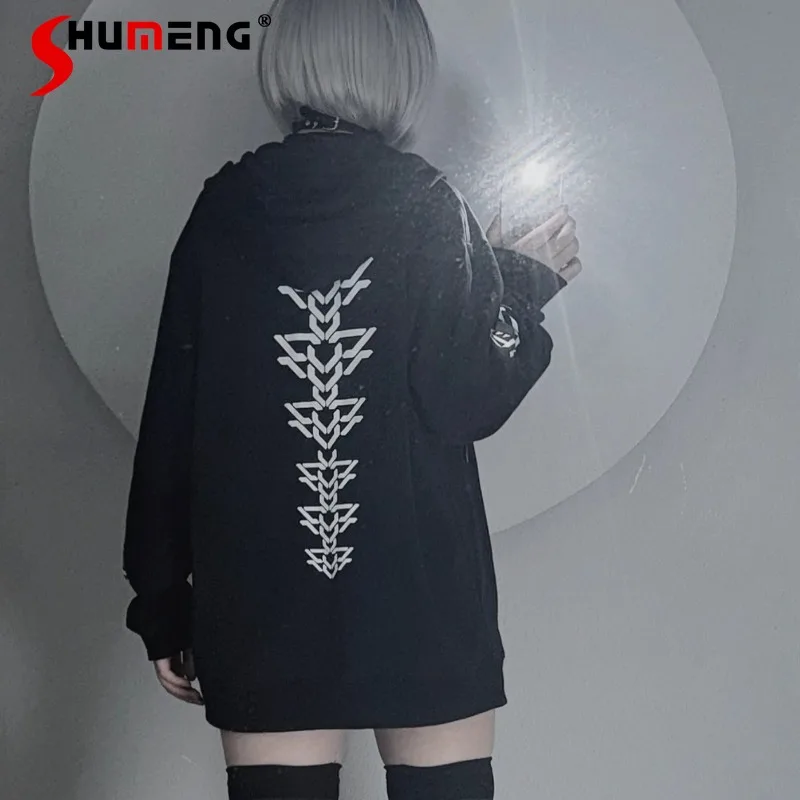 

Autumn Black White Mechanical Spine Print Sweatshirts Jacket Oversized Hooded Loose Hoodies Pure Cotton Thin Long-sleeved Coat