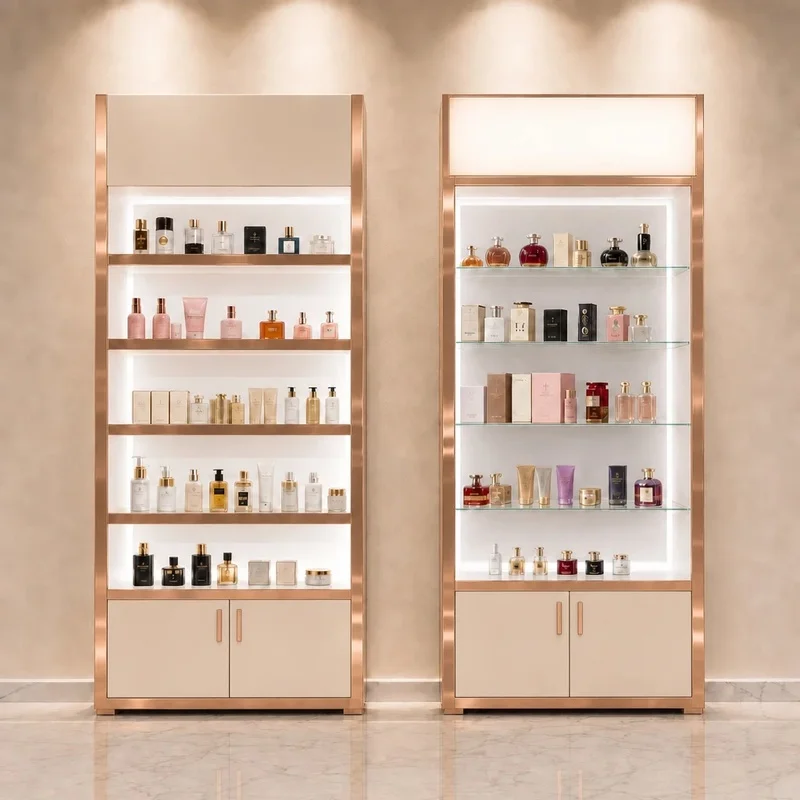 custom.Perfume Showcase Cabinet Gold Trim LED Backlit Header 5 Tiered Illuminated Glass Shelves and Double Door Storage Ba