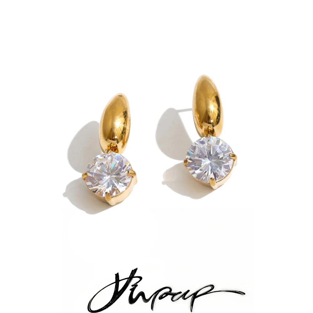 Yhpup Stainless Steel Zirconia Round Stud Earrings High-Grade Shiny Fresh Dainty Prom Women Jewelry Recommend