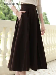 I BELIEVE YOU Brown Pocket A-line Skirt Fall Clothes 2024 Women High Waist Slim and Long Solid Office Lady Skirt 2243025869