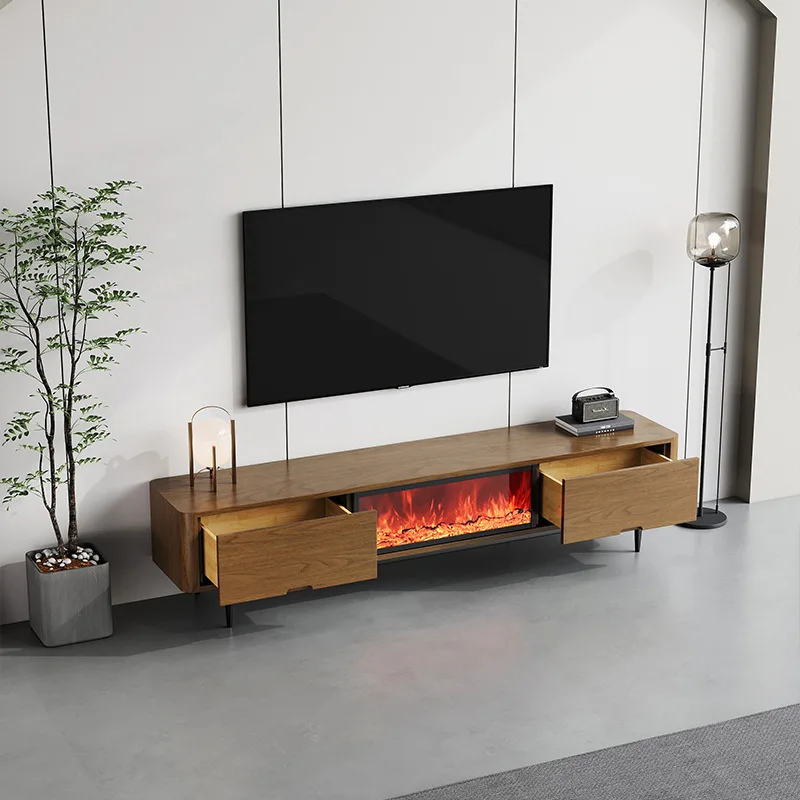 Walnut retro style embedded fireplace floor-to-ceiling TV cabinet simulated flame fake fire electronic stove decorative floor ca