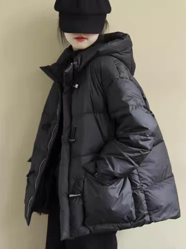 

Loose Women's Winter Jaet Large Size Korean Sle Artistic Retro Buttoned Hooded down Cotton Coat Thiened Long Sve Zipper