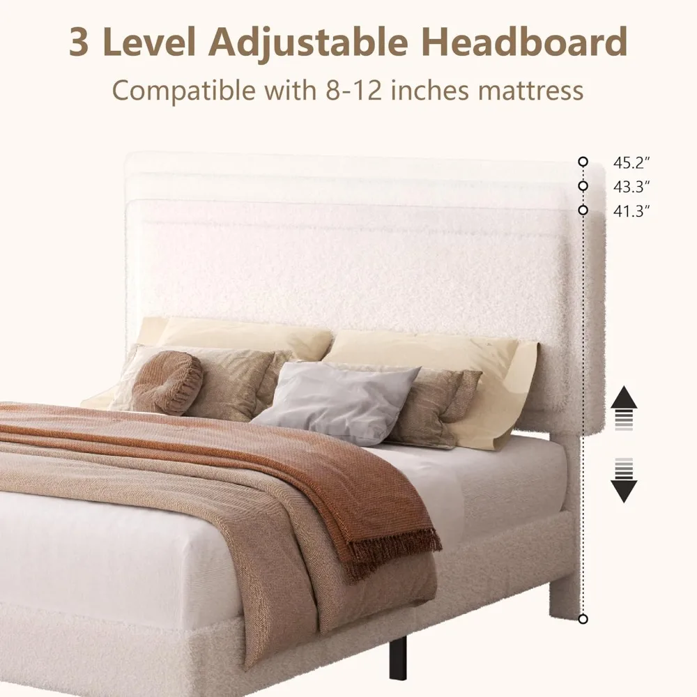 إطار سرير منجد حديث بحجم كينج مع لوح رأسي قابل للتعديل، سرير بمنصة من القماش الناعم