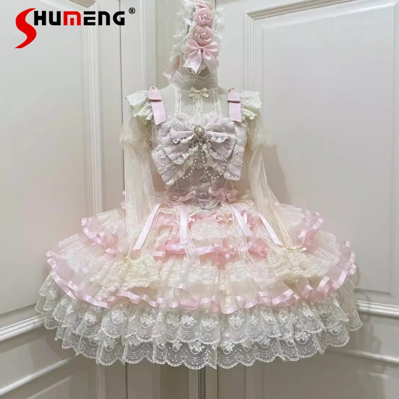 

Нежное розовое платье JSK в стиле Лолита для женщин и девушек, приталенное, элегантное, с кружевом и бантом, для дня рождения, японское кавайное платье-сарафан (Vestidos)