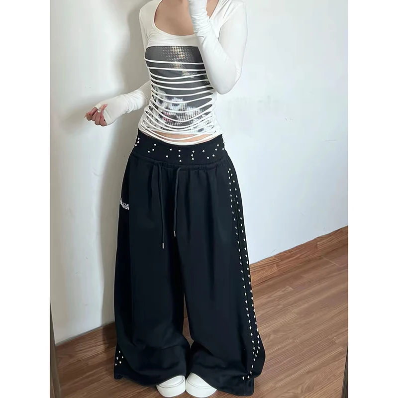 ZHIZOU Women Baggy Black Sweatpants Oversize Dance Pants Harajuku Aesthetic 2000s Vintage Y2k Hip Hop Rivet Casual Trousers 2027
