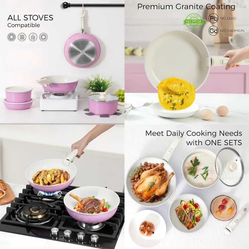 

Розовый набор посуды с антипригарным покрытием, 15 предметов со съемной ручкой, безопасные и индукционные кухонные инструменты для духовки