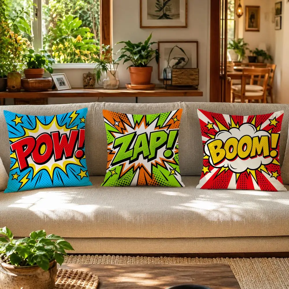 Pop Art Comic Wow Cushion Cover Skin-Friendly Organic Linen Pillow Cover Durable Hypoallergenic Washable Soft