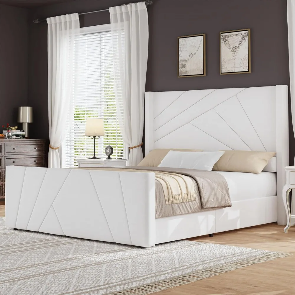 

Bed Frame, Velvet Upholstered Platform Bed with Geometric Tufted Headboard & Footboard, Wingback Design, Mattress Foundation
