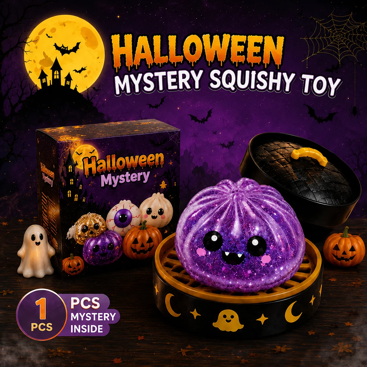 Halloween Mystery Squishy Toy Blind Box Cute Pumpkin Ghost Glitter Soft Squeeze Stress Relief Toy Gift Collection