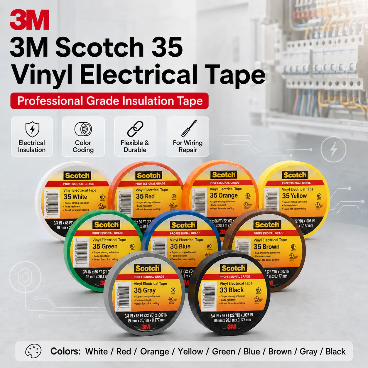 3M Scotch 35 33 Vinyl Electrical Tape 9 Colors Flame Retardant Color Coding For Wire Bundling Electrical Repair 19mmx20.1m