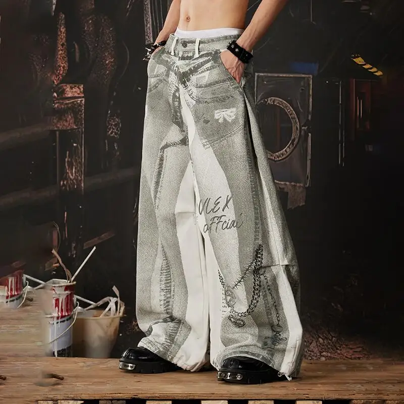 MWJLPWQ Streetwear Tide New Men's Printed Graffiti Ruched Jeans Y2k Loose Fit Wide-Leg Pants Niched Trousers 2026 Autumn 14892