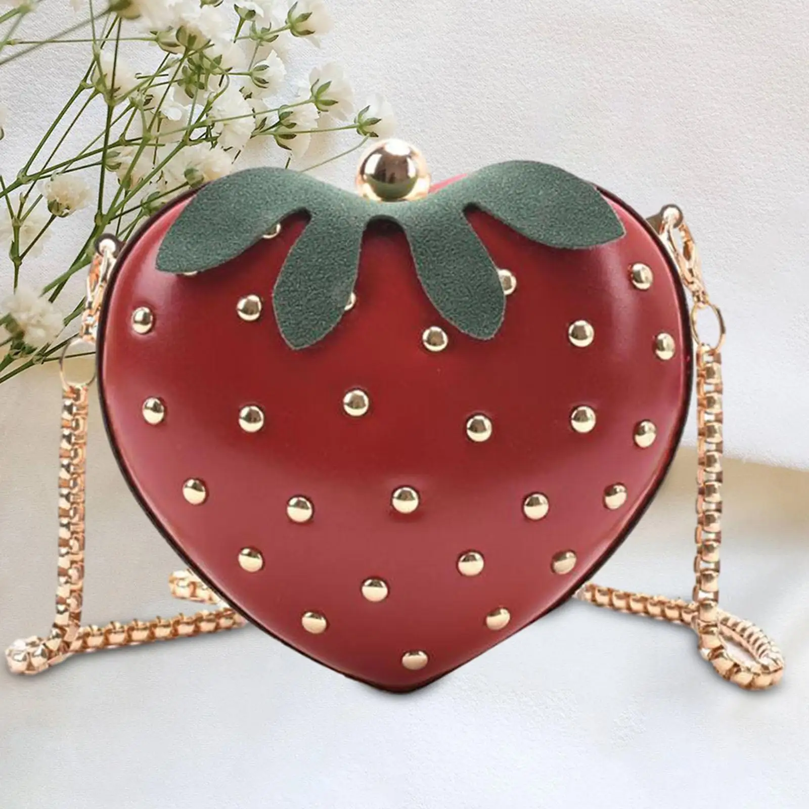 Strawberry Purse PU Leather Stylish Evening Bag Fruit Shaped Wallet Shoulder Bag for Female Bridal Party Events Wedding