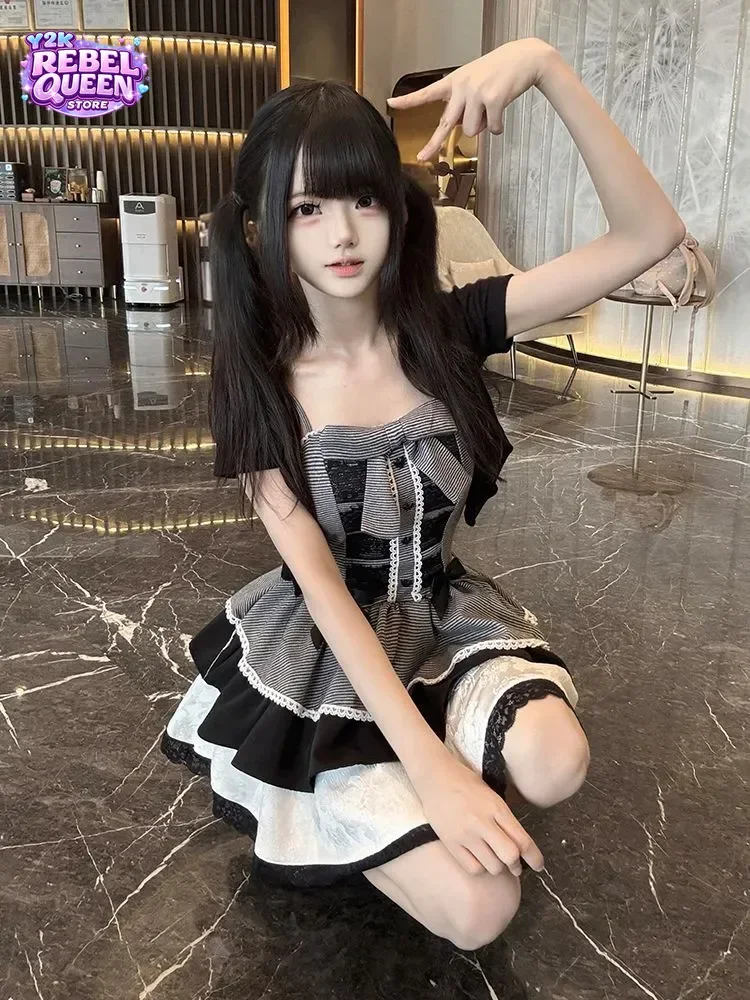 Coquette Sweet Y2K Camisole Dress Set Women Striped Bow Lace Trim Cropped Cardigan Ruched Slim Fit Mini Dress Party Outfit view 3