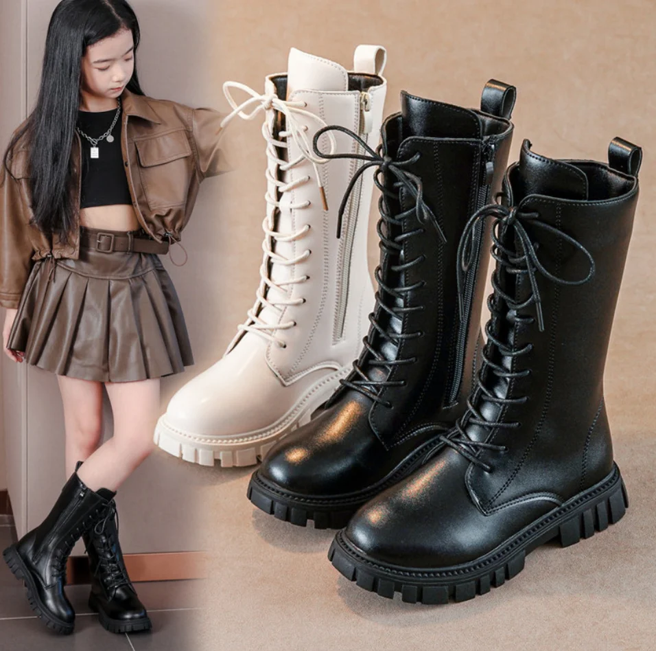 

Элегантные модные зимние ботинки для девочек на молнии, детские кожаные ботинки принцессы в британском стиле с круглым носком на шнуровке, роскошная детская повседневная обувь