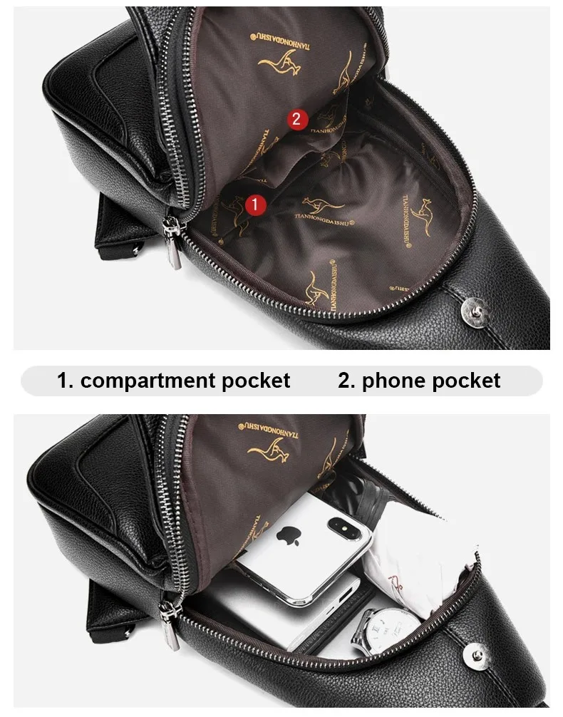 Luxury Men Leather Chest Pack Sling Bag, Business Casual Crossbody Bag Messenger Bag For Male, Black Brown