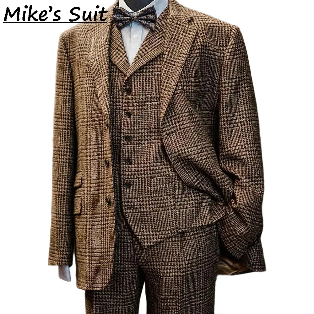 Traje de Hombre de 3 Piezas, Tweed a Cuadros Estilo Glen, Traje de Lana Vintage con Estampado Príncipe de Gales, Blazer, Chaleco y Pantalones, Traje Formal para Boda