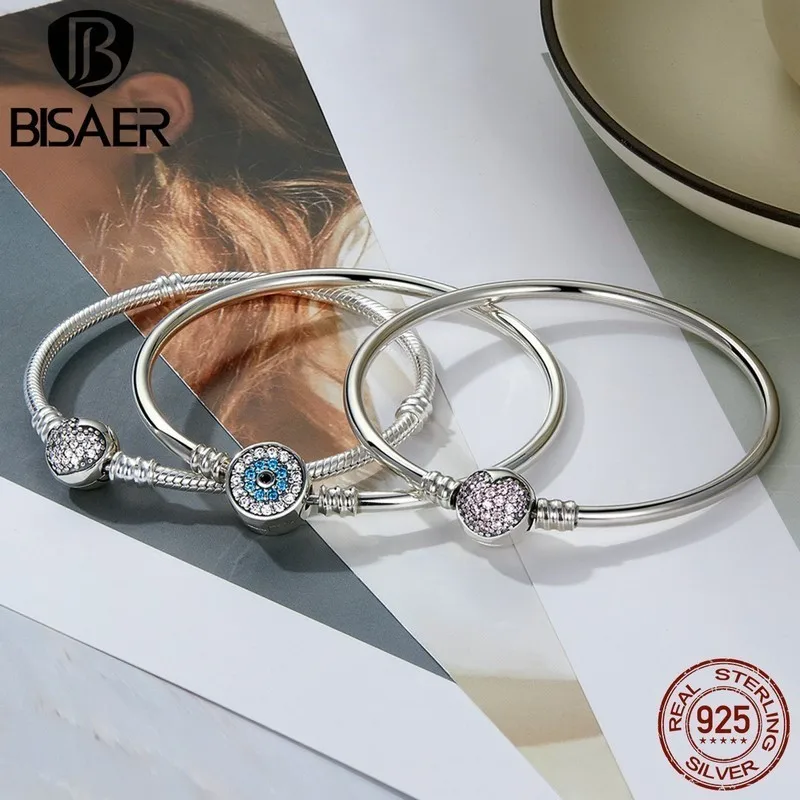 BISAER 100% 925 Sterling Silver Basic Snake Chain Zircon Bracelets Blue Demon Eye Bracelet & Bangles Charm Sizes 17–21 Jewelry