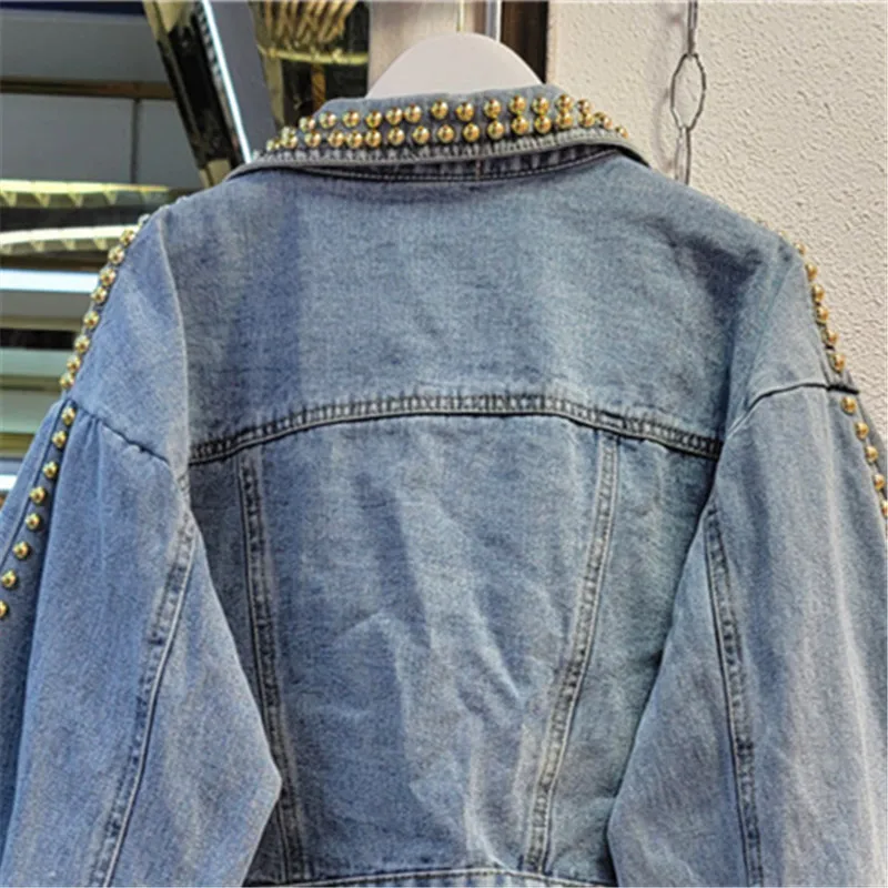 Imagem -06 - Trabalho Pesado Multicor Diamantes Rebite Denim Jaqueta Feminina Fino Curto Cowboy Outerwear Vintage Azul Grande Bolso Jeans Jaqueta Feminina