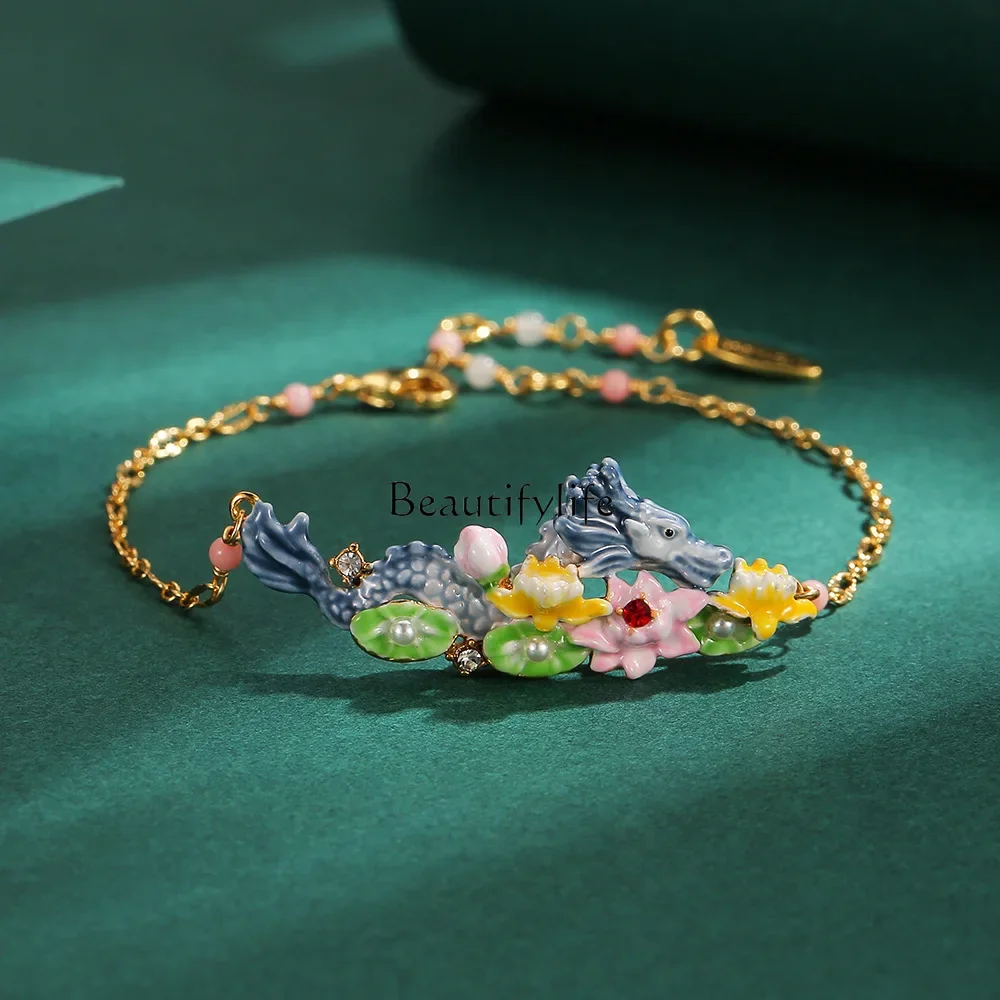 

Original Design Fashion Enamel Color Glaze Xiaoqinglong Bracelet Pearl Lotus Leaf Flower Lotus Root