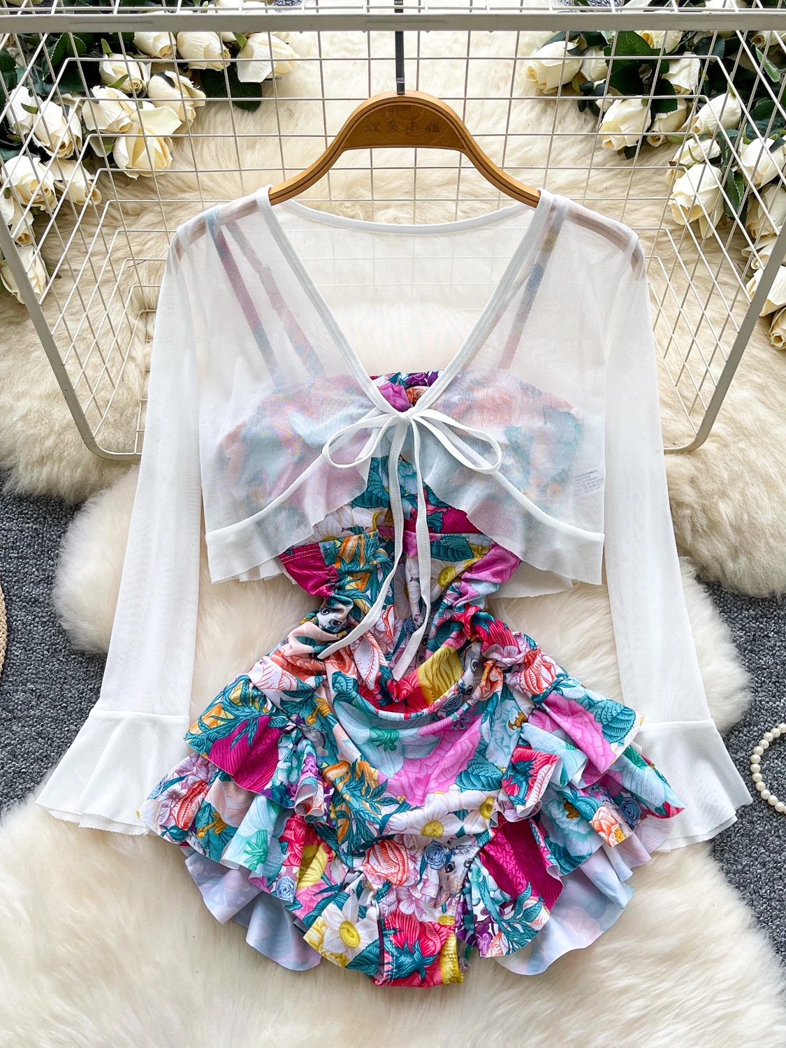 Foamlina Baju Renang Ruffles Ramping Tanpa Lengan Motif Bunga Tali Spaghetti Seksi dengan Pakaian Renang Wanita Fashion Liburan Pantai