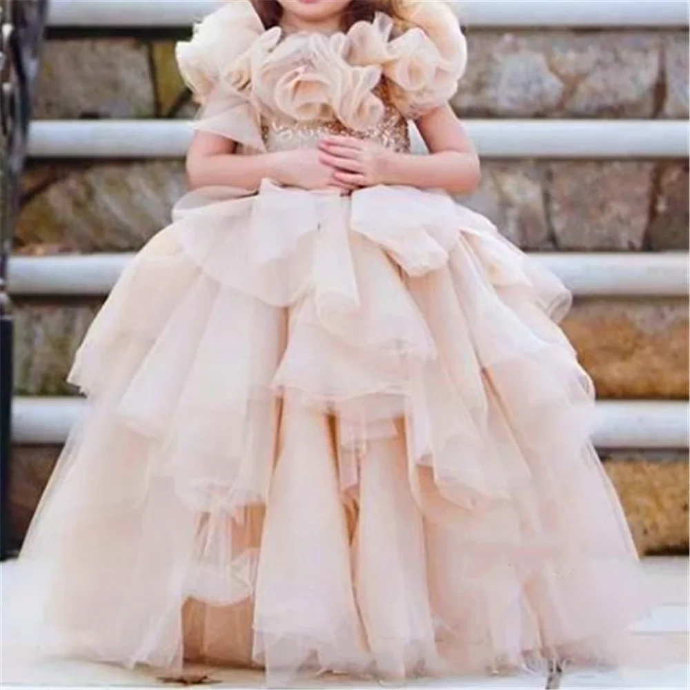 Fluffy Tulle Lace Layered Lovely Flower Girl Dress Princess Ball First Communion Dresses Kids Surprise Birthday Present