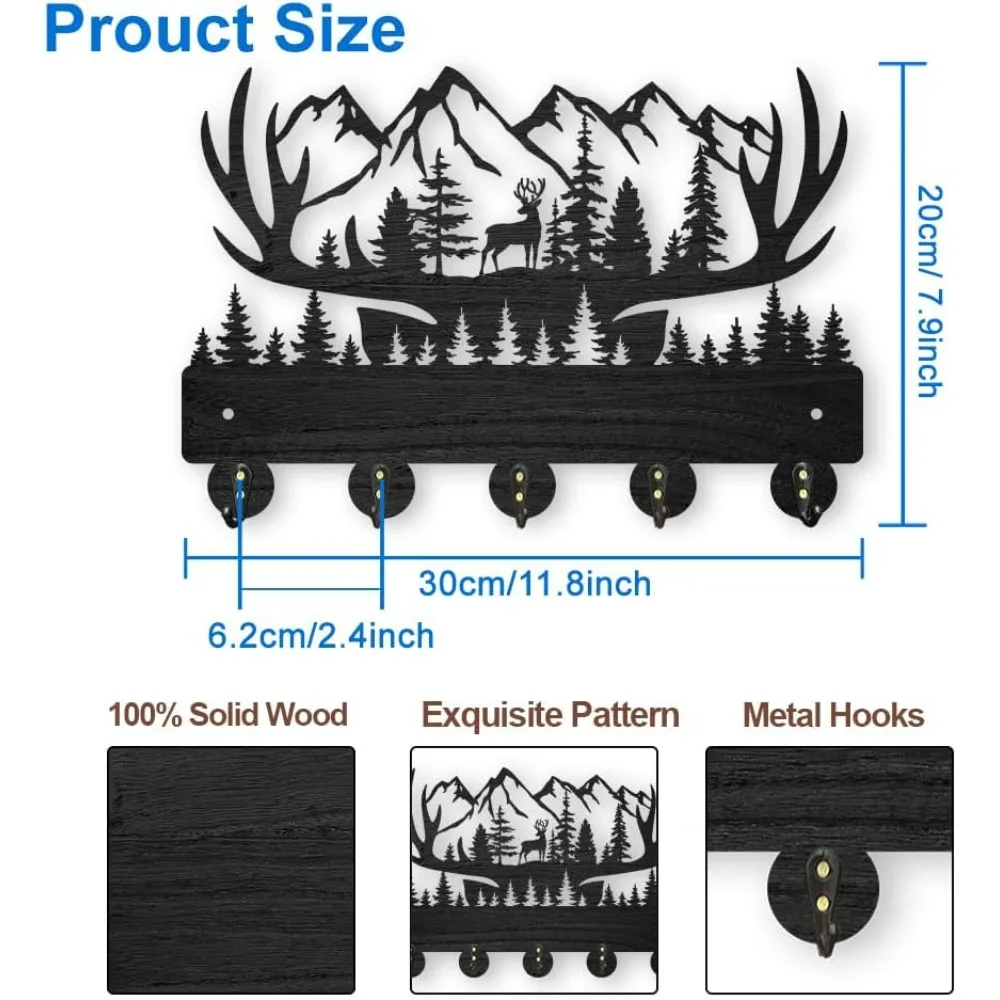 Deer Antlers Forest Coat Rack Wall Mount Wood Key Holder for Wall 11.8×7.9inch Forest Mountain Black Key Rack Hanger 5 Alloy