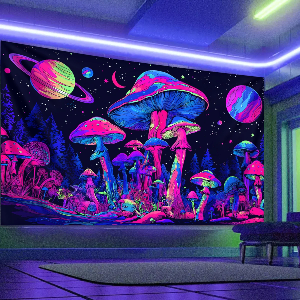 1pc Fluorescent Mushroom Moon Tapestry, UV Black Light Fores