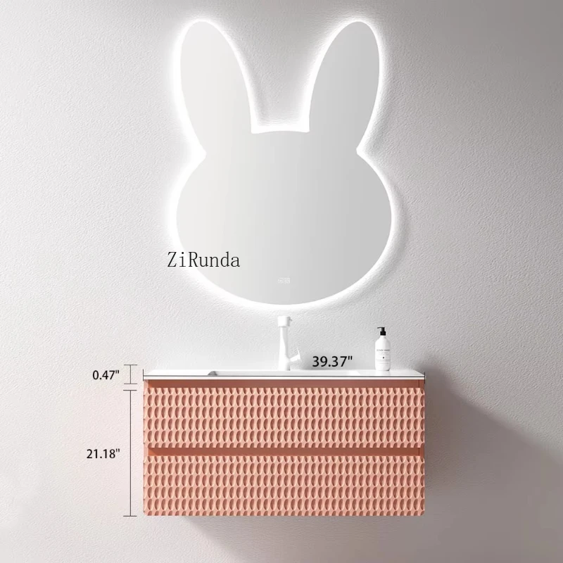 Mobiletto da bagno moderno in legno massello, lavabo in ceramica laccata in stile moderno e specchio per hotel