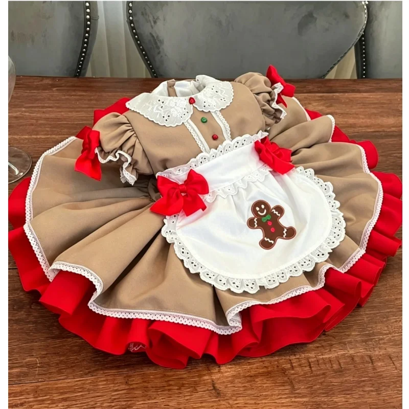 Autumn Baby Girl Khaki Christmas Gingerbread Man Embroidery Lolita Maid Dress for Christmas New Year Holiday Photography C388