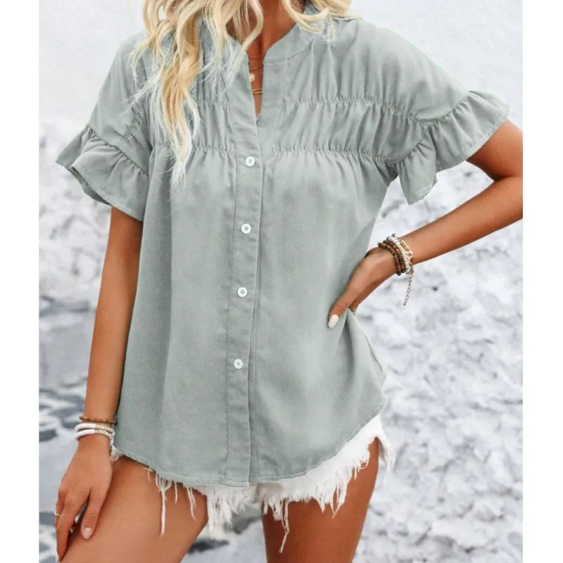 

Women's Casual Short Sleeved Pleated Shirt Button Solid Color Lotus Leaf Sleeve Cardigan Half Open Collar Stand Up Collar Shirt