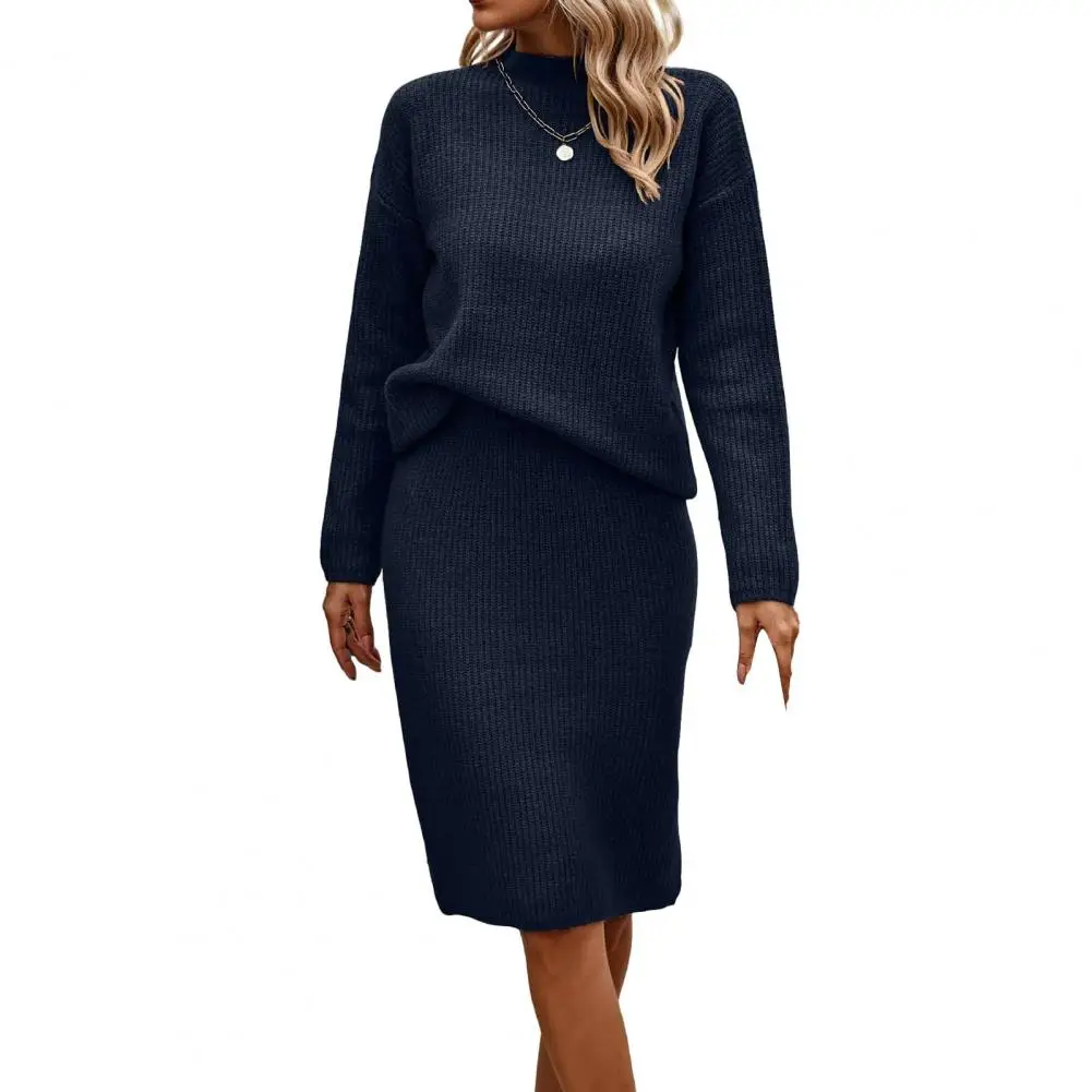 Women Sweater Skirt Suit Knit Thick Warm Long Sleeve Slit Hem Elastic Commute Knee Lengh Skirt 2 Pcs/Set