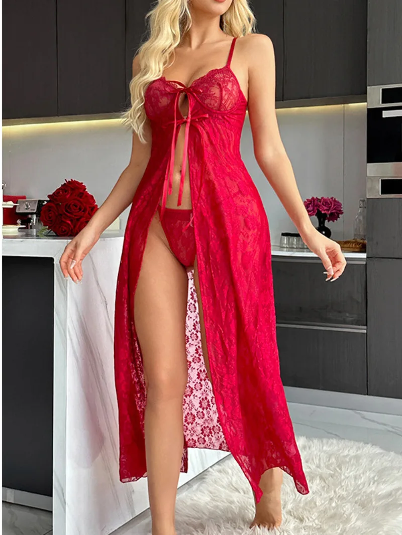Women's New Sexy Mesh Front Bow Long Dress Erotic Dress Elegant V Neck Hot Sexy Mesh Korean Women Transparent Dresses I7WD
