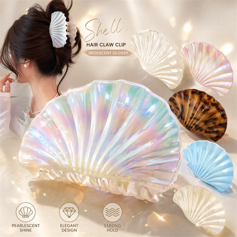 1PC 9.5CM Large Hair Claw Clips Seashell Hair Barrettes Plastic Hairpin Gradient Shark Claw Women Girls Summer Hair Accessories