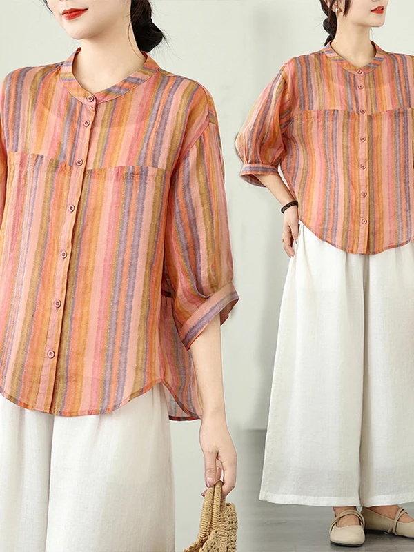 

Летний хлопково-льняной свободный кардиган с рукавом 3/4, женский, в полоску, повседневный, прямого кроя, с круглым вырезом