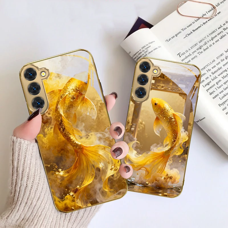 かわいい金色の鯉の魚柄のSamsung Galaxy S20 FE S21 S22 S23 Plus S24 Ultra S25Ultra S21+ S9+ S22Plus用ゴールデンガラス製スマホケース
