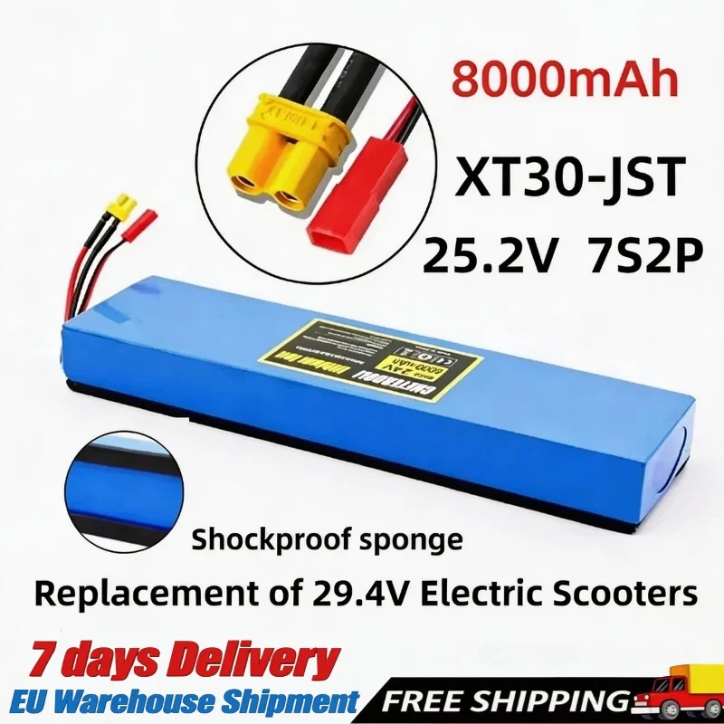 Hochwertiger Lithium-Ionen-Akku 8000 mAh 18650 7S2P 25,2 V mit stabilem Spannungsverlauf, langlebiger Ersatzakku, perfekt passend für Elektroroller mit einem Betriebsspannung von 29,4 V, robuste