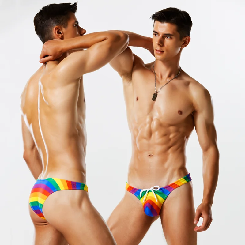 

LH74 2024 new summer tight low waist sexy rainbow men swimwear swim briefs half pack hip bikinis hot gay men thong swimsuits