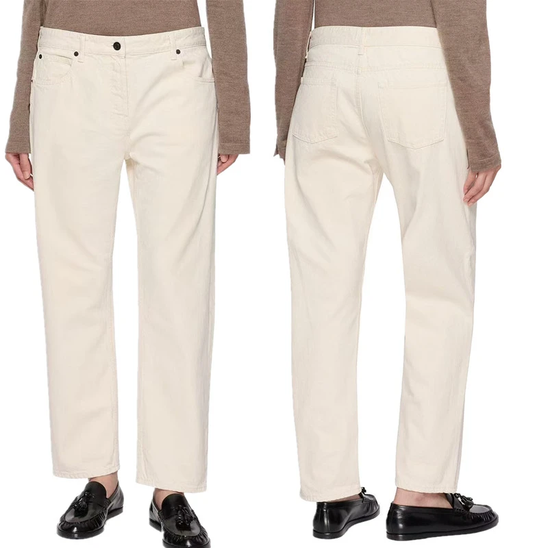 Maxdutti Minimalist Fashion Southern France Retro Mid Waisted Beige Straight Leg Cropped Jeans Women's Denim Pants Woman Clothes