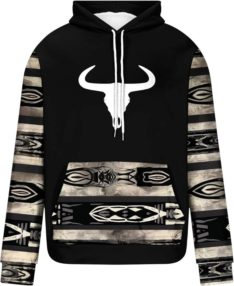 

Повседневная толстовка с капюшоном, толстовка с этническим геометрическим 3D принтом, ковбойская толстовка с капюшоном и длинными рукавами, пуловер большого размера, мужские толстовки