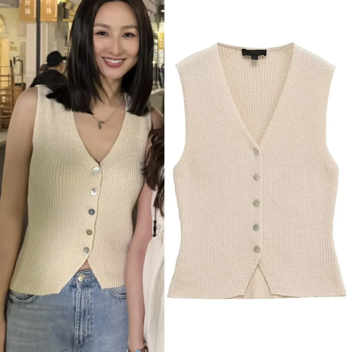 

LIBIELIY Summer New Women's Elegant Fashion Stretch Knit V-neck Sleeveless Vest Style Solid Color Versatile Top