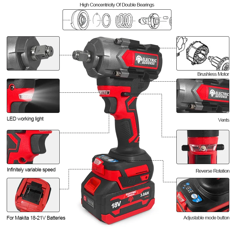 Electric Goddess 600N.M Torque Brushless Electric Impact Wrench 1/2 inch Lithium-Ion Battery Power Tools For Makita 18V Battery