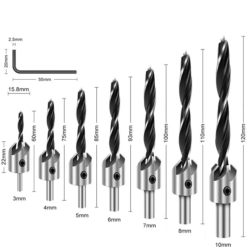 4/7 Pcs Flute Countersink Drill Bit Set Screw Woodworking Chamfer Tool 3-6mm Stock Offer