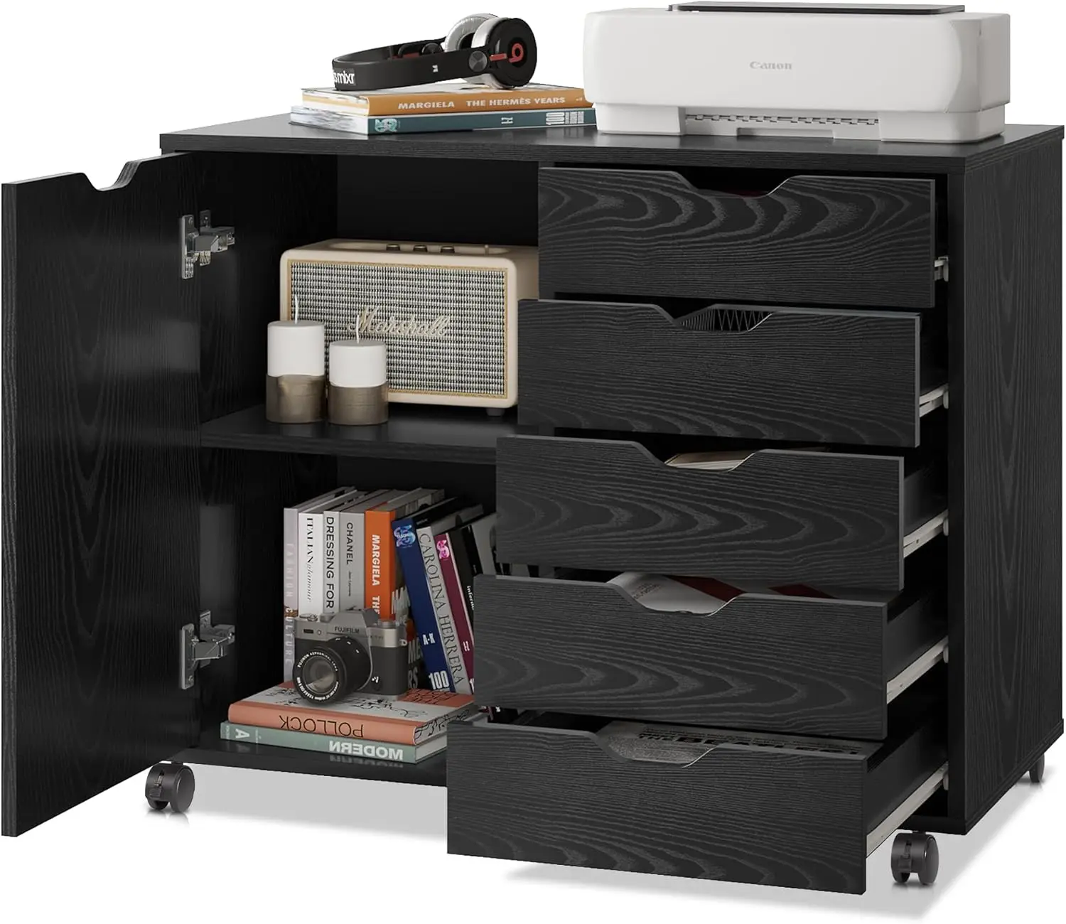 خزانة ملفات متنقلة، خزانة خشبية ذات 5 أدراج مع باب، حامل طابعة للمكتب المنزلي، أسود