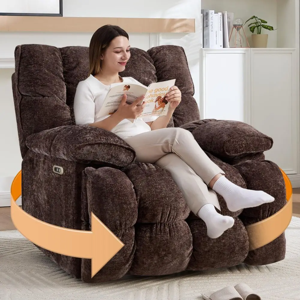 

Power Swivel Rocker Recliner Chair for Big and Tall, Electric Chenille Glider with USB Ports, Extra Wide Overstuffed Reclining