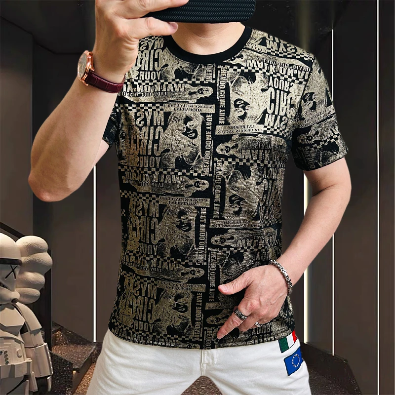 Gold Foil Printing T Shirt For Men Short Sleeve Slim Fit Casual Summer Quality Smooth Comfortable Streetwear Camisetas De Hombre