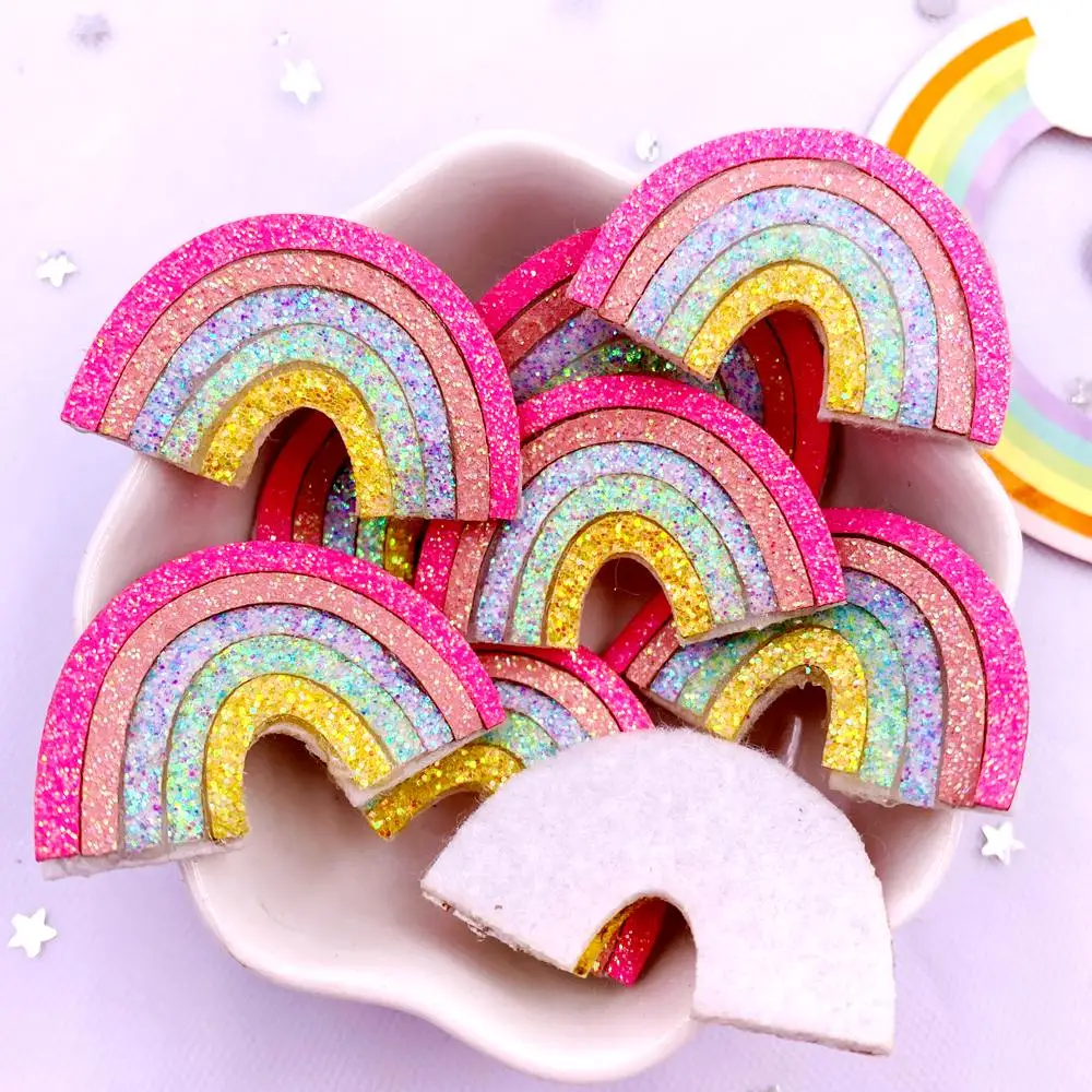 10pcs Felt Fabric Glitter Bepowder Cartoon Colorful Butterfly Rainbow Unicorn Cat Patch Sewing DIY Hair Bow Applique Craft