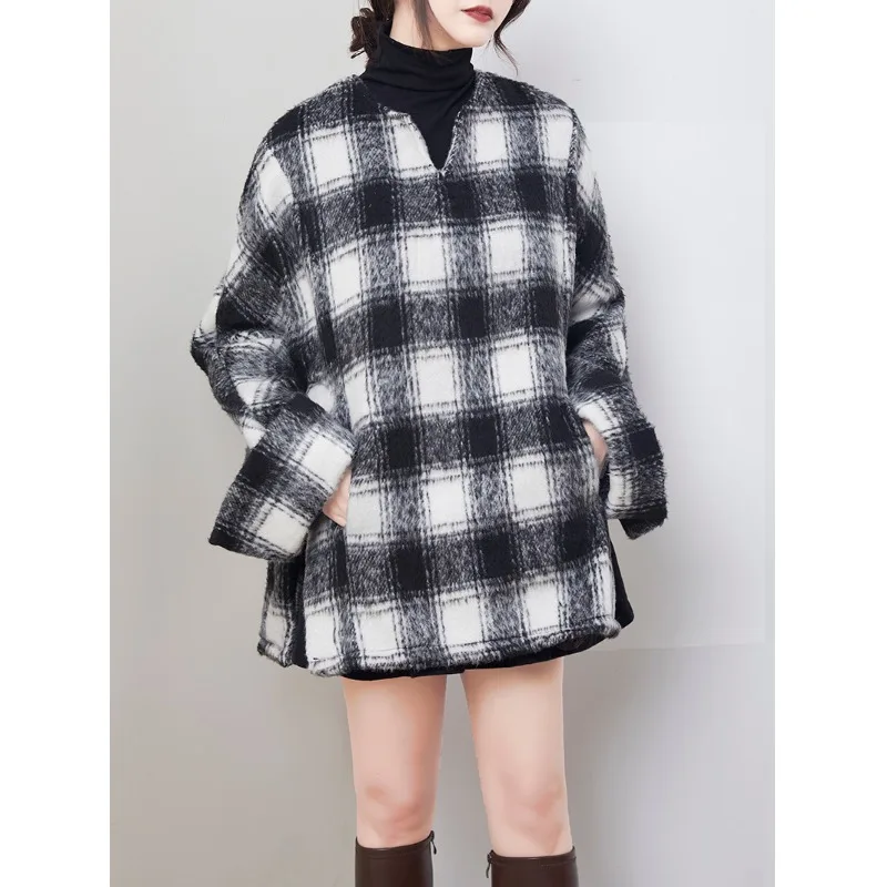 

Retro Plaid Woolen Coat Women's Loose Casual Mid-Length Coat Autumn New Sle Korean Version Cotton Polyester Blend
