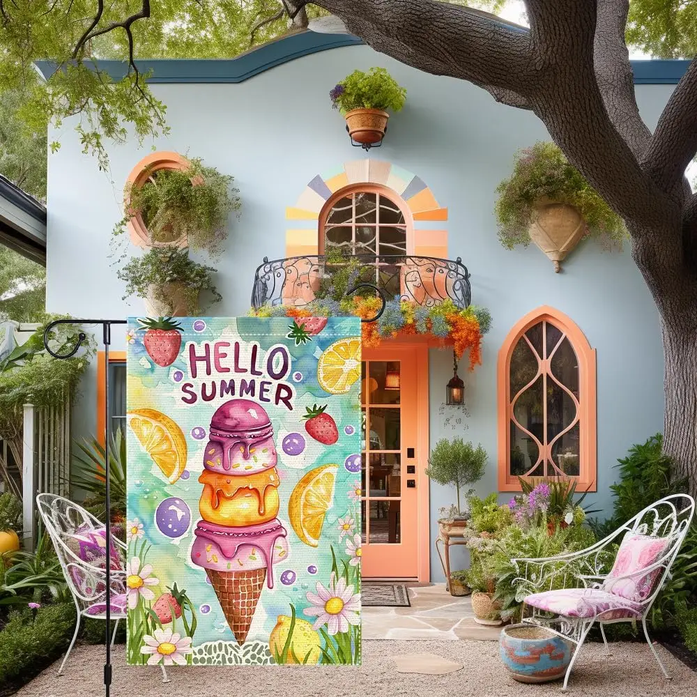 Hello Summer Garden Flag 12x18 Inch Double Sided Burlap Flag Ice Cream Lemon Strawberry Daisy Watercolor Outdoor Decor for Y jjp